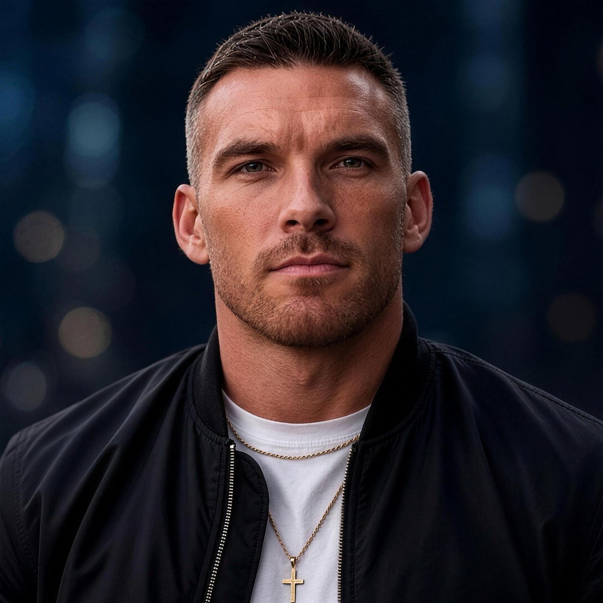 Tyler LeLeux, portrait with city lights