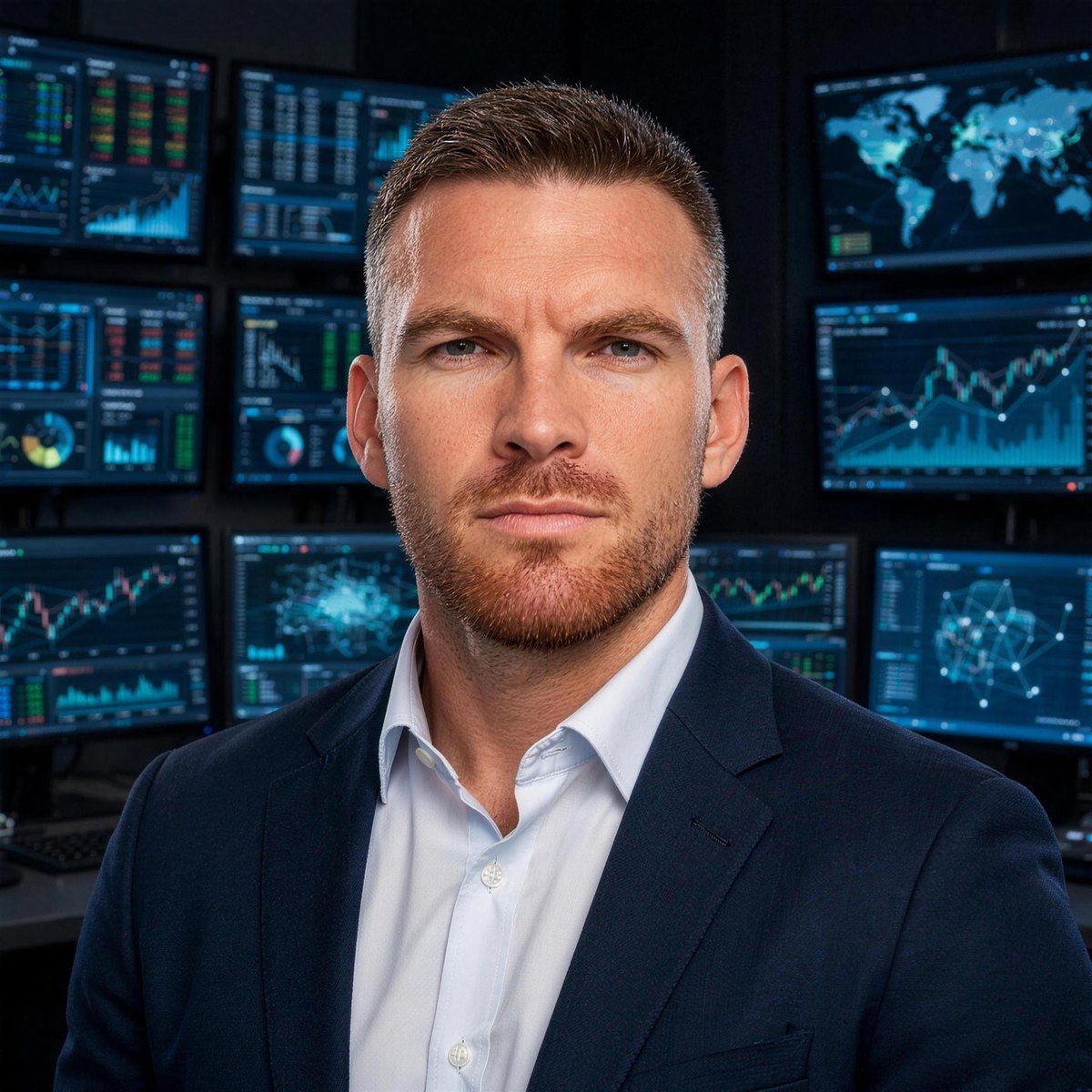Tyler LeLeux at an operations desk with live dashboards behind him